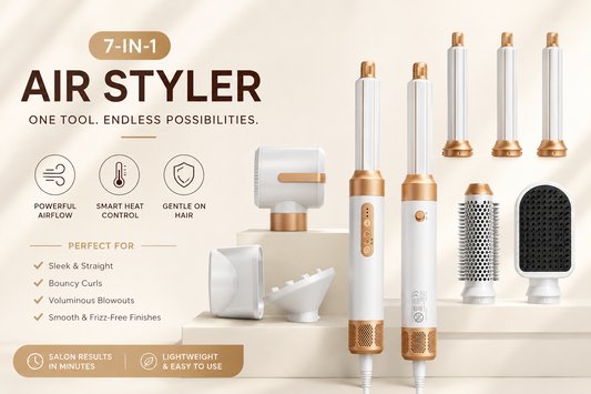 7-in-1 air styling tool with various attachments on a beige background