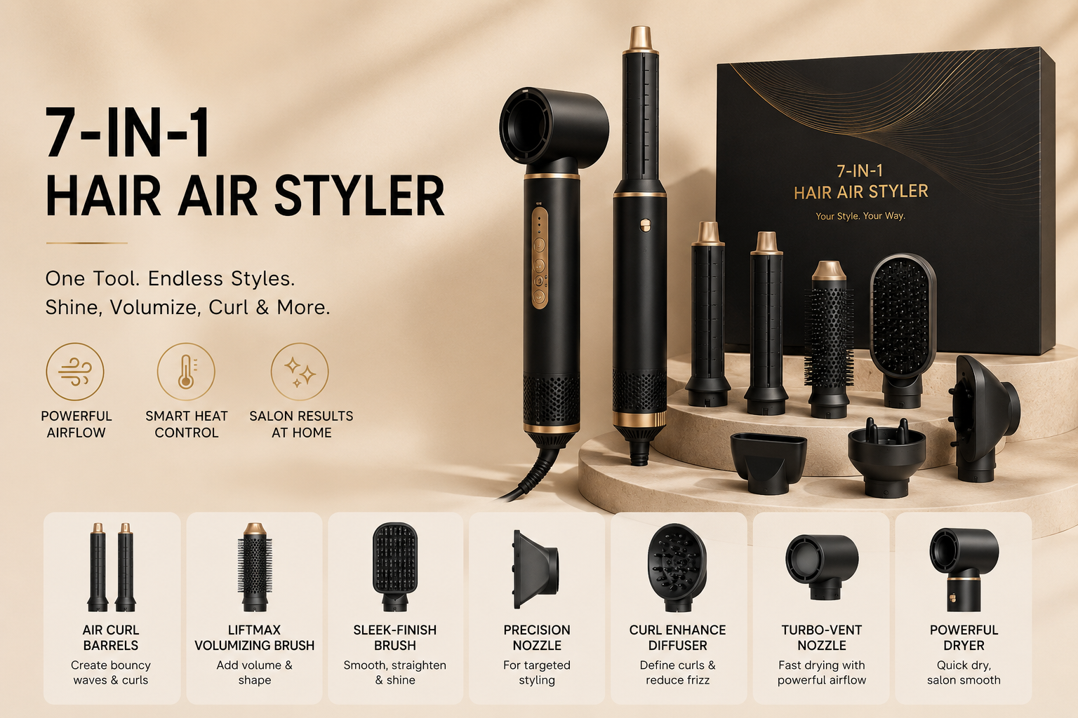 7-in-1 hair air styler set with tools and packaging on a beige background