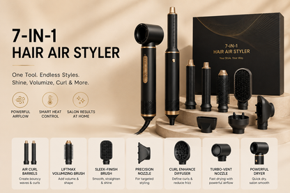7-in-1 hair air styler set with tools and packaging on a beige background