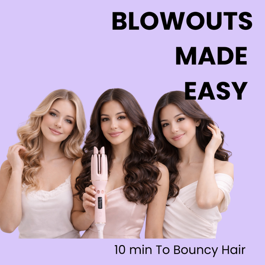 Three women with styled hair holding a pink hair styling tool against a purple background with text 'Blowouts Made Easy'.