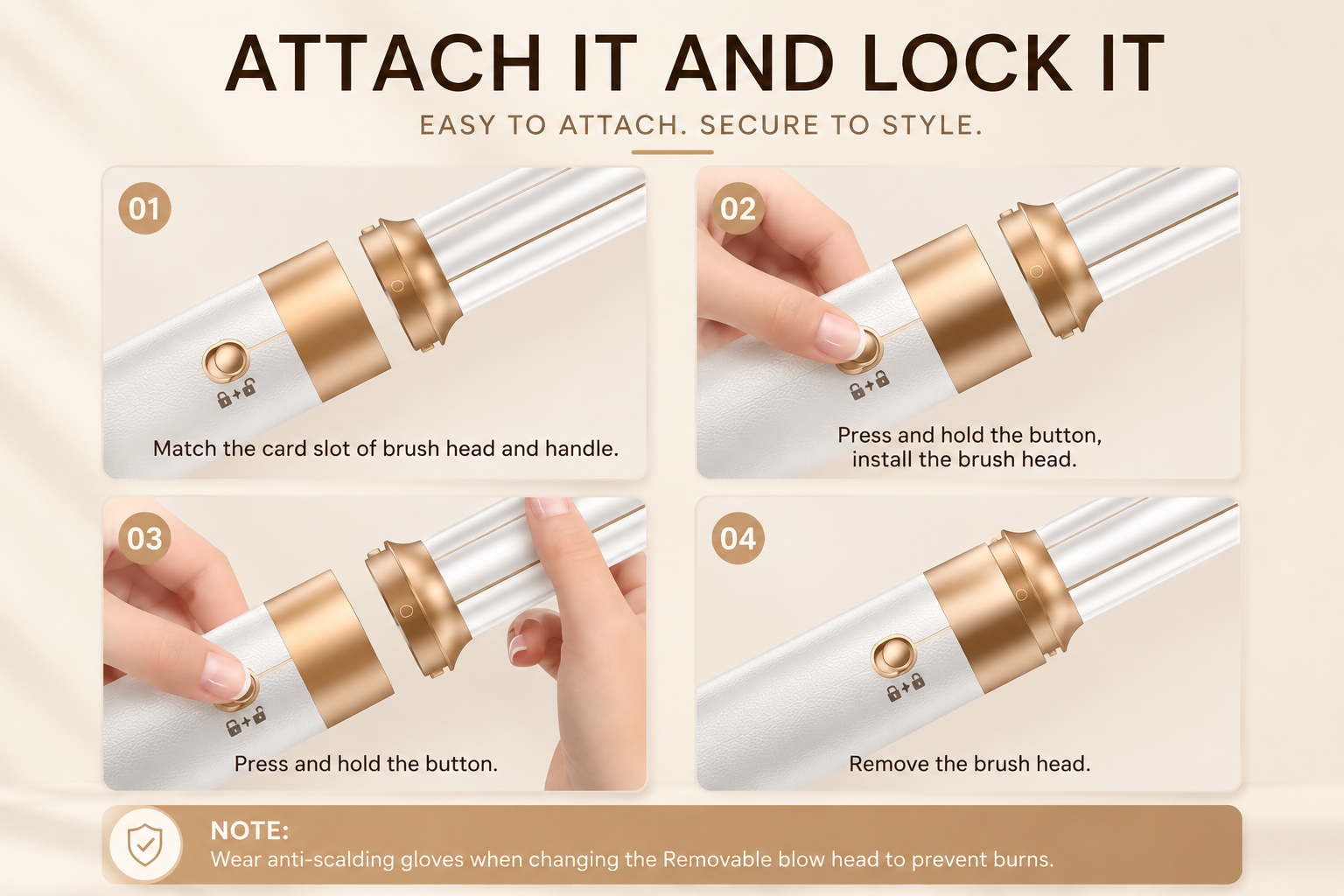 Instructions for attaching and using a brush head on a beige background