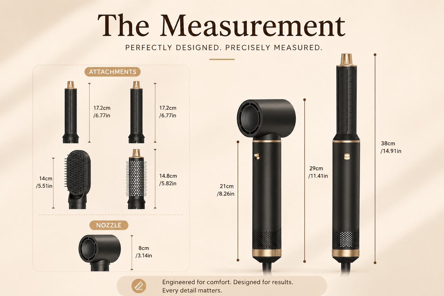 Measurement chart of a hair styling tool with dimensions labeled.