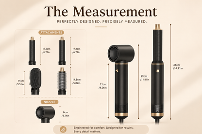 Measurement chart of a hair styling tool with dimensions labeled.