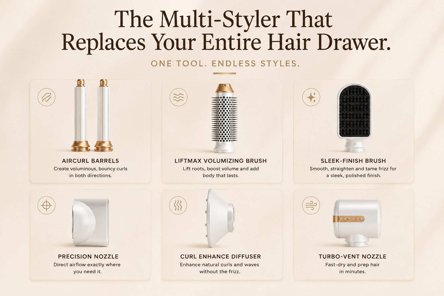 Multifunctional hair styling tool with various attachments on a beige background