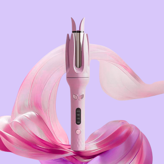 Pink hair straightening iron with digital display on a purple background